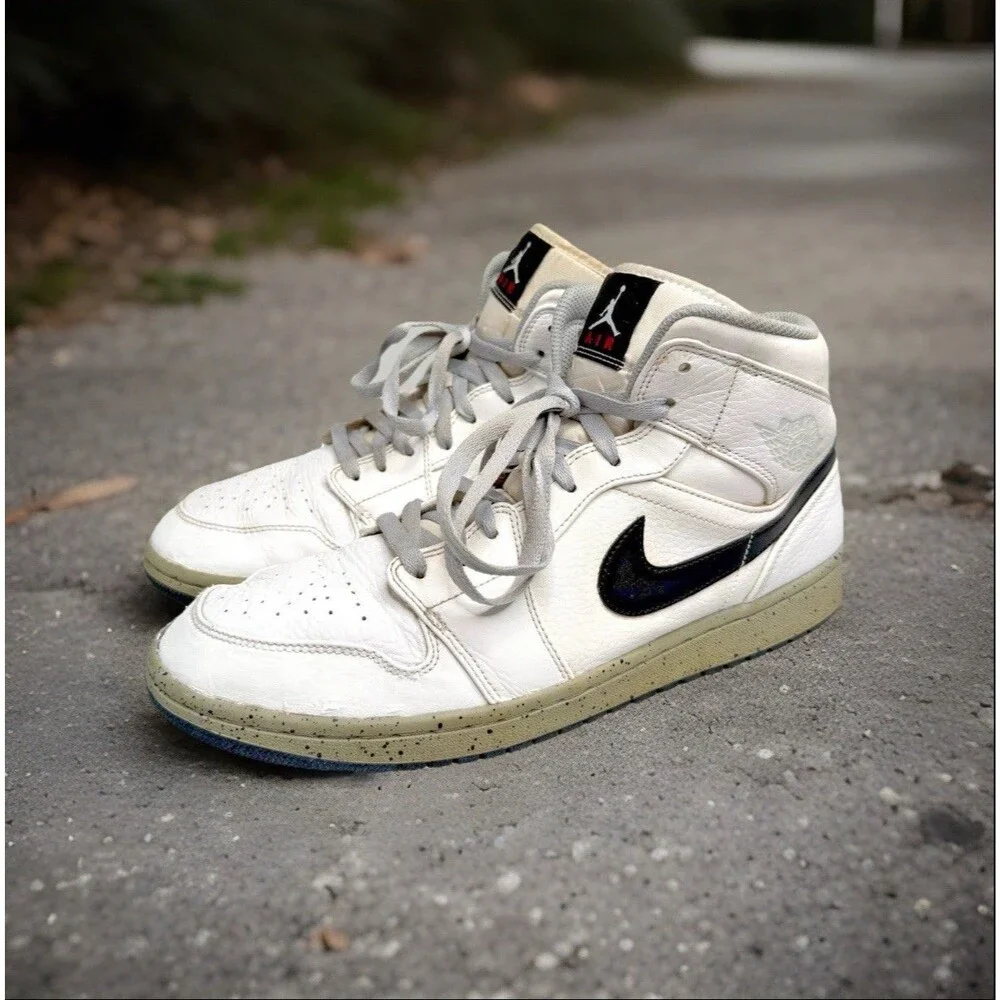 Nike Air Jordan 1 Mid 554724-115 White Black Cement Mens Size 11.5 EUR 45.5 GUC